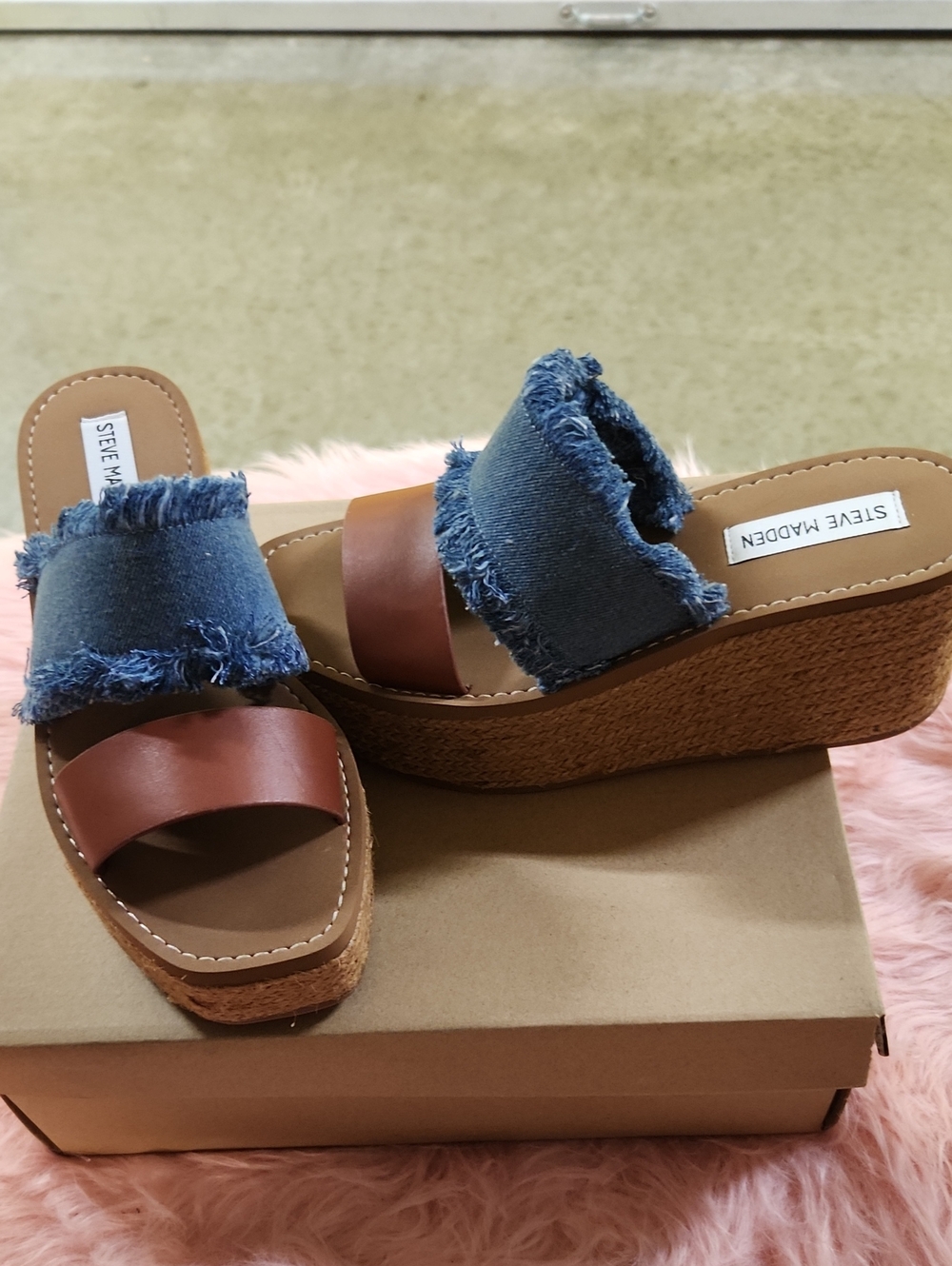 Steve Madden Denim Frayed & Brown Leather Platform Wedges